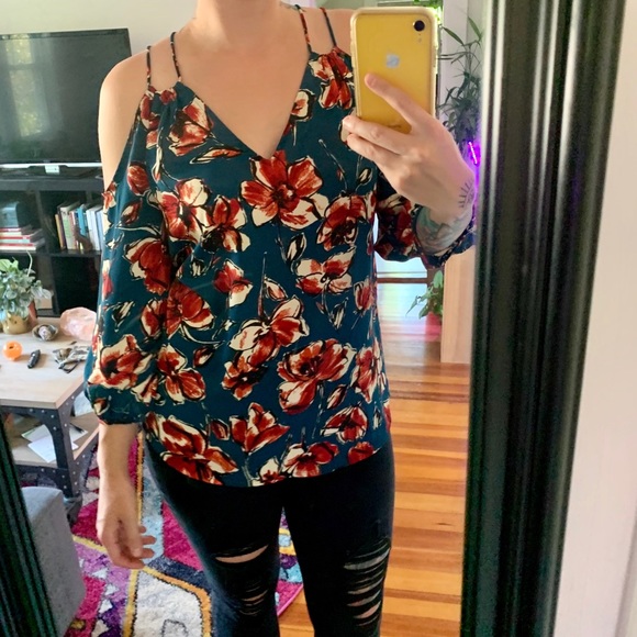 Skies Are Blue Tops - Floral strappy open shoulder shirt